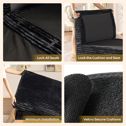 130'' Modern Modular Sectional Sofa with Movable Ottoman,5 Seats Cloud Comfort Corduroy Fluffy Couch,L Shaped Convertible Sofa Couch for Living Room,Black