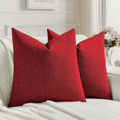 FUTEI Christmas Red Chenille Decorative Throw Pillow Covers 26x26 Inch Set of 2,Soft Cozy Faux Linen Textured Euro Pillow Shams,Farmhouse Home Decor for Couch Living Room