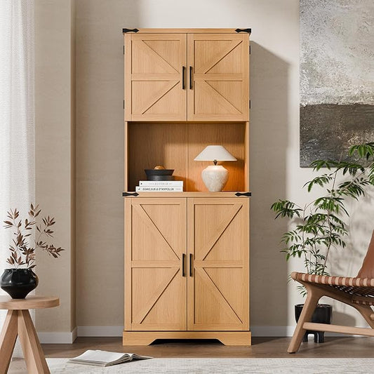 Cozy Castle 74" Farmhouse Pantry Cabinet with Charging Station, Tall Kitchen Storage Hutch Cabinet Coffee Bar Workstation, Sideboard Buffet Cupboard for Dining Room Living Room Furniture, Oak