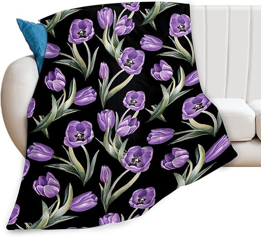 Purple Tulip Blanket Flower Gifts for Girls Women Tulip Floral Throw Blanket for Kids Adults Soft Warm Cozy Fleece Blanket for Couch Sofa Bed 60"x80"