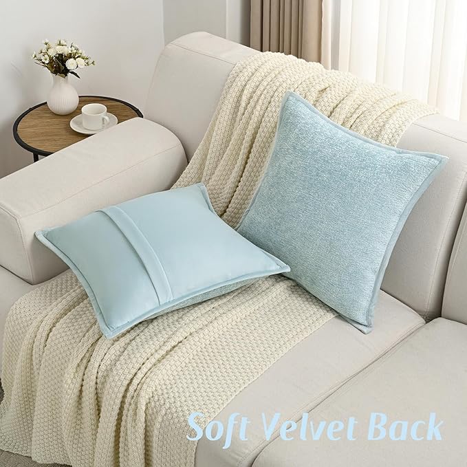 FUTEI Light Blue Chenille Throw Pillow Covers 24x24 Inch Set of 2,Soft Cozy Bound Edge Design European Cushion Cover,Home Decor for Couch Bed Living Room