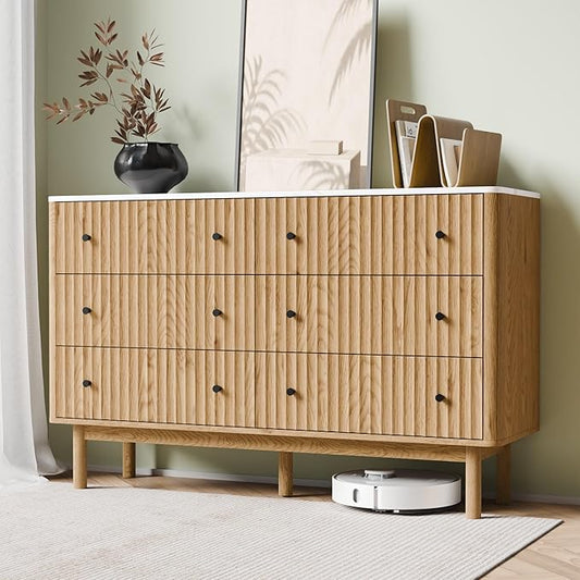 RECCI Fluted 6 Drawers Dresser for Bedroom, 54" Wide Chest of Drawers with 3D Fluted Panel, Faux Marble Top, Solid Wood Legs, Storage Drawers, TV Stand, Closet Chests for Bedroom, Natural Oak
