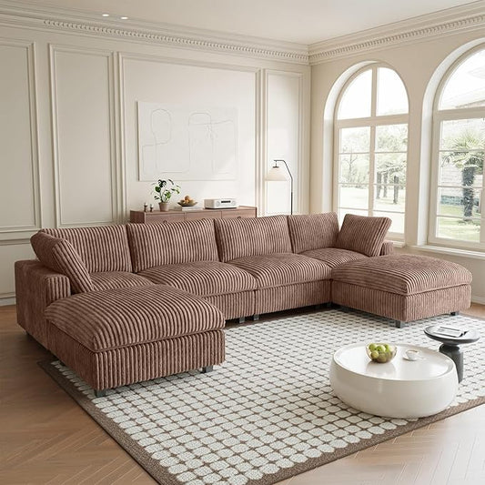 Modular Sectional Sofa, Convertible U Shaped Couch with Chaise Ottoman, Deep Seat Cloud Sectional Couch, 6 Seat Comfy Modular Sofa for Living Room, Office, Apartment, Brown
