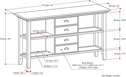 SIMPLIHOME Redmond Console Table - 54 Inch Wide Solid Wood Sofa Table in Rustic Natural Aged Brown, Transitional Storage Table for Entryway or Living Room with 4 Drawers and 4 Open Shelves