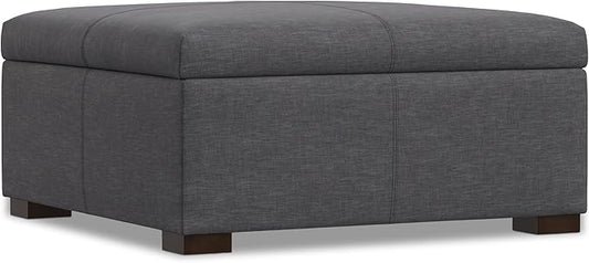SIMPLIHOME Gabbie 36 inch Wide Contemporary Square Square Coffee Table Storage Ottoman in Slate Grey Polyester Linen, Assembled, for The Living Room, Entryway and Family Room