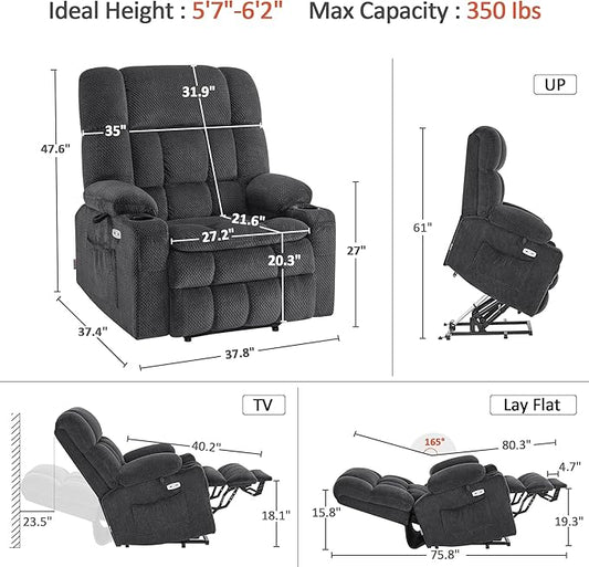 MCombo Oversized Power Lift Recliner Chair for Elderly, Dual Motor Lift Chair with Heat and Massage, Lay Flat Lift Chair for Big and Tall, Cup Holders, Fabric R7891 (Oversize, Dark Gray)