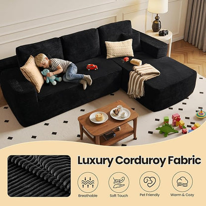 104" Cloud Sectional Couch with Chaise, Boneless L-Shaped Cloud Couch with Deep Seat, Corduroy Modern Minimalist Sofa, Assembly Free Comfy Sofa for Office Living Room Apartment(Black, Right Chaise)