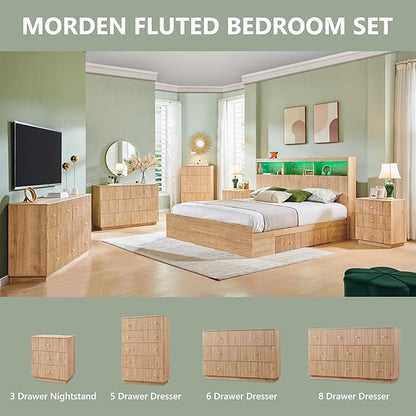 Fluted Night Stand with Charging Station, 21.65" Nightstand with Drawer, 3 Drawer Dresser for Bedroom, Morden End Table Bedside Table Chests of Drawers for Bedroom, Living Room, Natural
