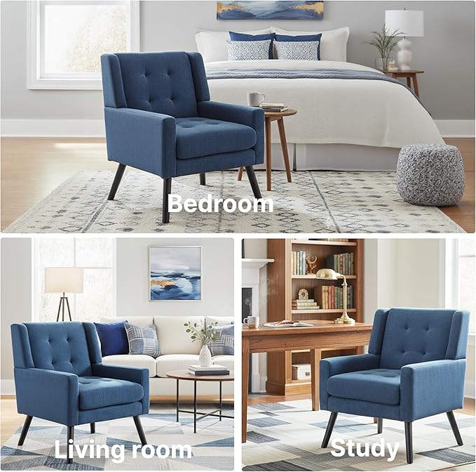 Mid-Century Modern Accent Chair Set of 2, Plush Linen Fabric with Button Tufted High Back & 5" Thick Cushion, High Comfort Reading Chair for Living Room, Bedroom, Office (Blue)
