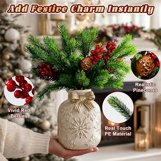 8PCS Artificial Pine Branches with Red Berry Pine Cones Artificial Needles Branches Greenery Stems Fake Greenery Floral Arrangements