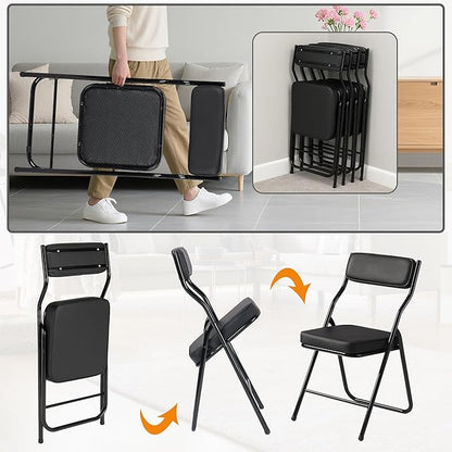 6 Pack Padded Folding Chairs with Cushion, Foldable Dining Chair Set Portable Indoor Outdoor Stackable Folding Chairs with Steel Frame for Home Office Events Wedding Party Black