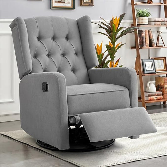 360 Swivel Rocker Recliner Chair for Adults, Nursery Chair for Small Spaces Living Room, Upholstered Fabric Glider Recliner, Pigeon Grey