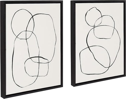 Kate and Laurel Sylvie Modern Circles and Going in Circles Framed Linen Textured Canvas Wall Art by Teju Reval, 2 Piece 18x24 Minimalist Abstract Black