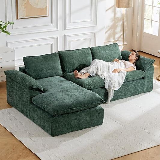 Modular Sectional Sofa, 107.5" L-Shaped Boneless Couch with Deep Seat, Modern Minimalist Upholstered Cloud Sectional Couch for Living Room Bedroom, No Assembly Required, Green Chenille