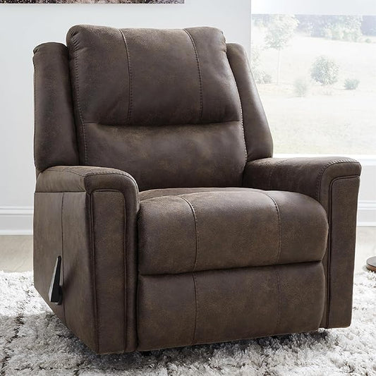 Signature Design by Ashley Skymaker Modern Faux Leather Manual Rocker Recliner with Track Arms, Dark Brown