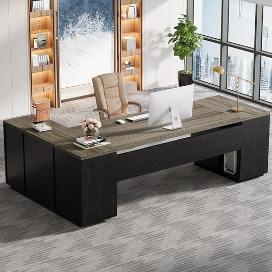 Tribesigns 85.8-Inch L-Shaped Executive Desk with File Drawers, Door Cabinet & Shelves, Extra Large Commercial Office Desk, Modern Professional Office Table Business Furniture, Grey & Black