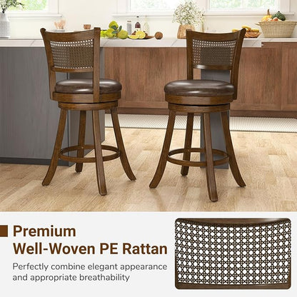 COSTWAY 25” Swivel Counter Height Barstools Set of 2, Rubber Wood Bar Stools with Rattan Backrest, Footrest, Upholstered Leathaire Armless Chairs for Kitchen Island, Pub, Brown (2, 25” Seat Height)