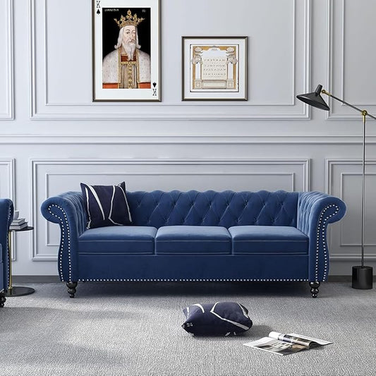 Chesterfield 3 Seater Sofa, Modern Velvet Tufted Couch 3 Seater with Rolled Arms and Nailhead Mid-Century Upholstered Couch for Living Room, Bedroom, Apartment and Office, Blue