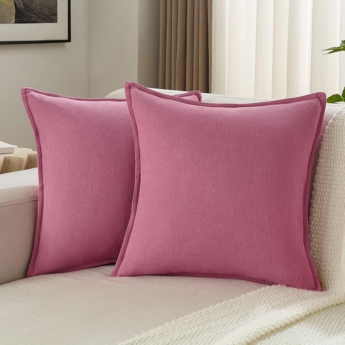 FUTEI Hot Pink Chenille Throw Pillow Covers 22x22 Inch Set of 2,Edges Double-Stitched Cushion Cases,Modern Home Decor for Couch Living Room