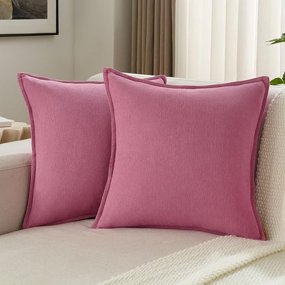 FUTEI Hot Pink Chenille Throw Pillow Covers 26x26 Inch Set of 2,Edges Double-Stitched Euro Pillow Shams,Modern Home Decor for Couch Living Room