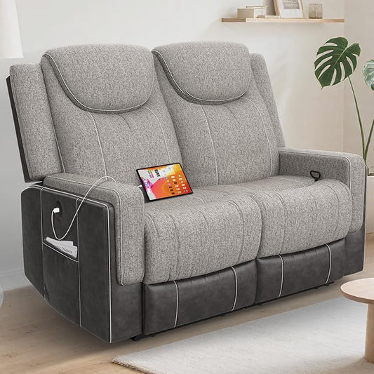 Manual Loveseat Recliner Sofa, Grey Fabric & Chocolate Leather 2-Seater Couch with USB Ports, Split Back, Wall Hugger RV Furniture, Modern Reclining Loveseat for Living Room