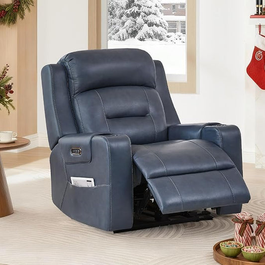 Watson & Whitely Genuine Leather Power Recliner Chairs for Adults, Lay Flat Recliner with Power Headrest, USB Ports and Cup Holders, Electric Reclining Sofa for Living Room, Bedroom, Navy
