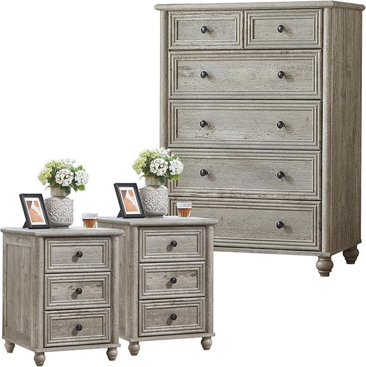 Farmhouse Dressers and Night Stand Set of 3, Wood 43.5'' Tall Dresser and 18'' Wide Chest of Drawers, Roman Column Nightstand Set of 2, Bedroom Furniture Dresser Suites for Living Room, Hallway, Home