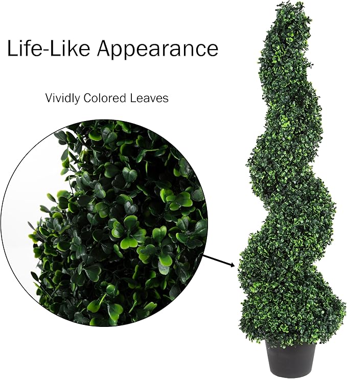 Pure Garden Faux Tree Boxwood Topiary Plant (Set of 2) - 50-Inch Spiral Artificial Tree with Realistic Leaves and Planter - Indoor and Outdoor Artificial Plants for Home Decor