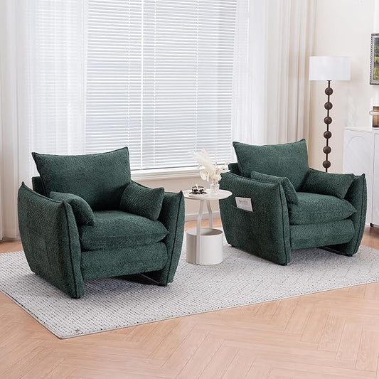Chenille Oversized Accent Chairs Set of 2, Modern Oversized Armchair with Removable Pillow, Comfy Living Room Chair with Side Pocket Storage for Bedroom, Office, Green