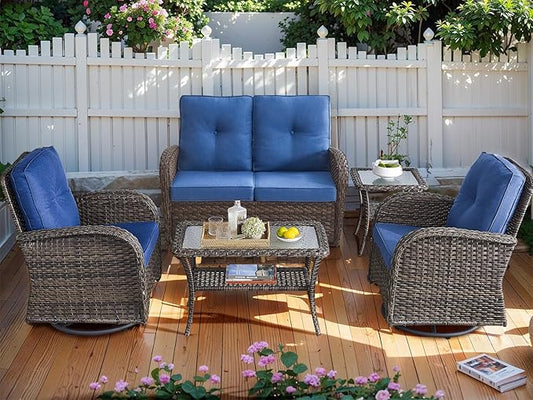 HUMMUH 5-Piece Patio Furniture Wicker Outdoor Conversation Set,All-Weather Rattan Swivel Chairs Bistro Set with Loveseat Coffee Table for Backyard,Poolside,Deck(Brown/Blue)