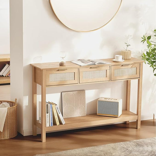 VEVOR Rattan Console Table, Entryway Table with 3 Storage Drawers, Hallway Table with Natural Rattan Sliding Door, Console Sofa Table for Living Room, Study, Entryway Or TV Wall, Natural