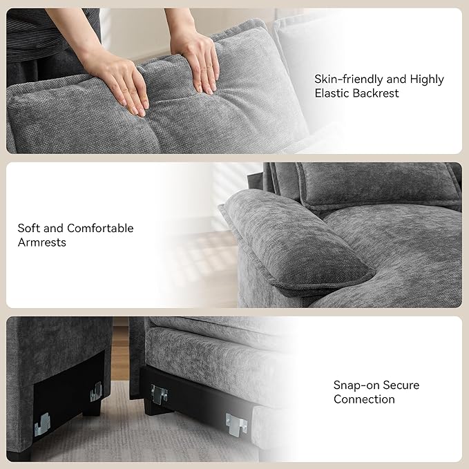U Shaped Sectional Sofa with Storage Console, Cup Holders & USB Ports, Small Modular Cloud Couch with Deep Seats, Modern Comfy Living Room Sofa for Apartment, Chenille Grey