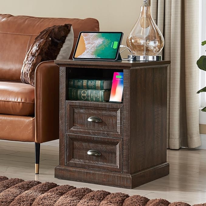 21" Tall Nightstand with Charging Station, Farmhouse 18" Wide End Table with 2 Storage Drawers, Wood Rustic Side Table w/Open Shelf for Bedroom, Living Room, Closet, Brown