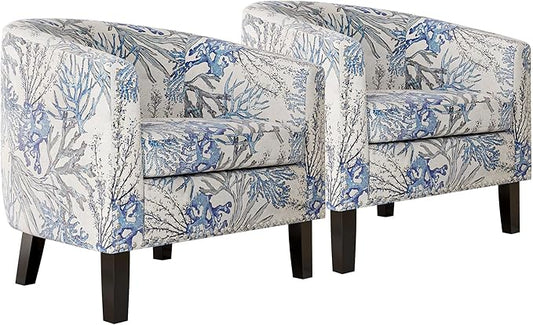 BELLEZE Accent Barrel Chair, Set of 2 Modern Faux Leather Tub Club Chair Upholstered Armchair with Gold Nail Head Trim and Black Legs for Living Room Bedroom Apartment Lounge - Blue Coral