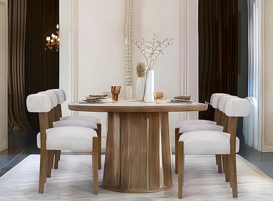 Modern Dining Chairs Set of 6, Walnut Upholstered Kitchen & Dining Room Chairs, Mid Century Modern Wooden Dining Chairs Oversized Sturdy Rounded Chairs Curved Back, Beige Fabric