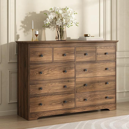 55 Inch Wide Dresser for Bedroom, 10 Drawer Dresser with Large Drawers, Thickened Top, Wood Chest for Living Room, Hallway, Walnut