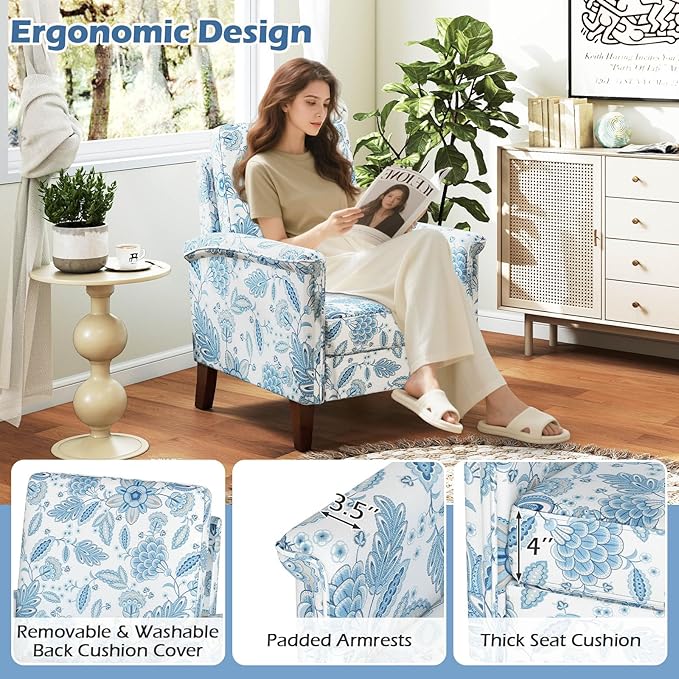 GOFLAME Floral Accent Chair, Comfy Upholstered Armchair with Rubber Wood Legs and Thick Padded Cushion, High Back Single Sofa Chair, Reading Side Chair for Living Room, Bedroom, Blue