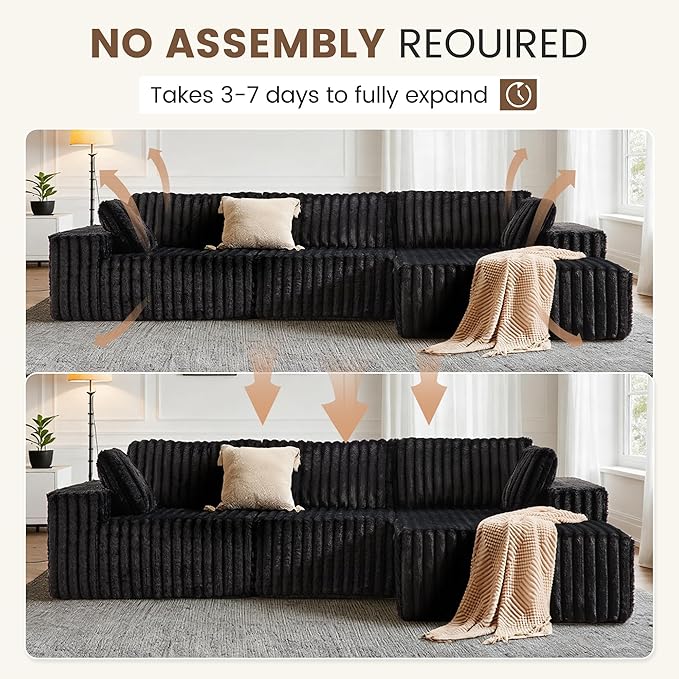 Apicizon 113" Modular Sectional Couch for Living Room, L Shaped Sectional Sofa Couch with Deep Seat, Boneless Sleeper Sofa with Chaise Longue for Apartment，No Assembly Required (Plush Corduroy Black)