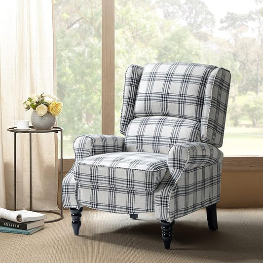 HULALA HOME Upholstered Wingback Recliner Chair, Small Adjustable Footrest Push Back Single Reclining Sofa, Mid Century Modern Lounge Armchair for Living Room, Bedroom, Reading/Plaid Black