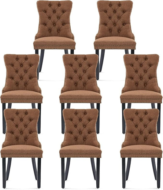 Linen Upholstered Dining Chairs Set of 8, Modern Style Kitchen Side Chairs with Nailhead Trim and Wood Leg, Metal Pulling Ring for Dining Room Living Room(Coffee,Set of 8)