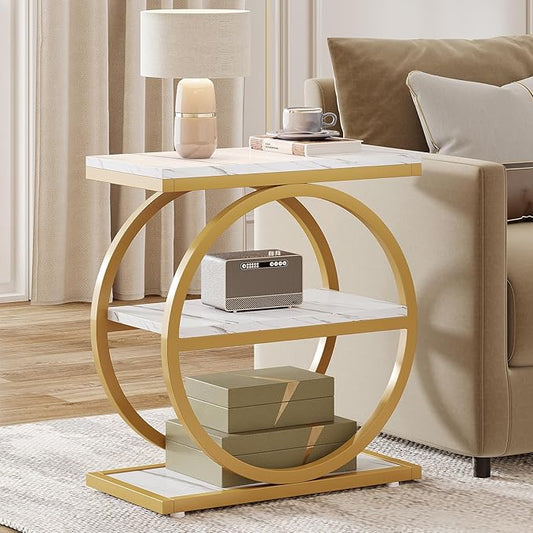 Tribesigns End Table with Storage Shelves, 3-Tier Wooden Industrial Sofa Side Table with Black Metal Frames for Living Room, Slim Nightstand and Bedside Table for Bedroom, White & Gold