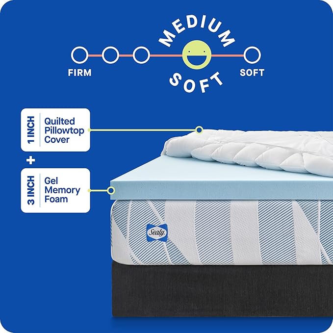 Sealy Dreamlife 3” Gel Memory Foam King Mattress Topper with 1” Quilted Cooling Cover, SealyComfort Gel Foam, SealyCool Poly Blend Cover