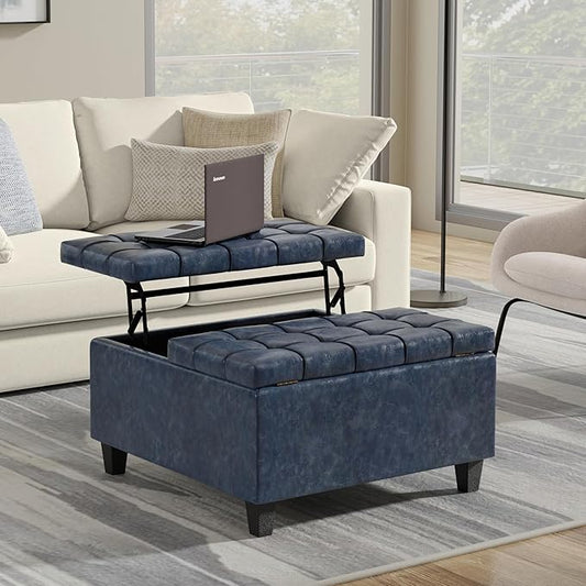 SIMPLIHOME Harrison 30 inch Wide Transitional Square Small Coffee Table Storage Ottoman in Denim Blue Vegan Faux Leather, Assembled, for The Living Room and Bedroom