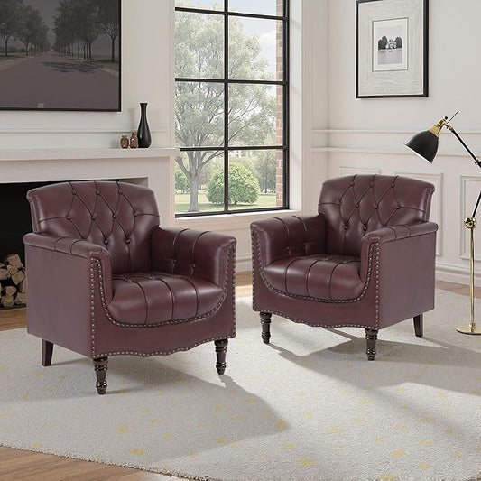 Faux Leather Accent Chair, PU Leather Modern Comfy Upholstered Armchair with Wood Legs & Nailhead Trim for Living Room, Bedroom