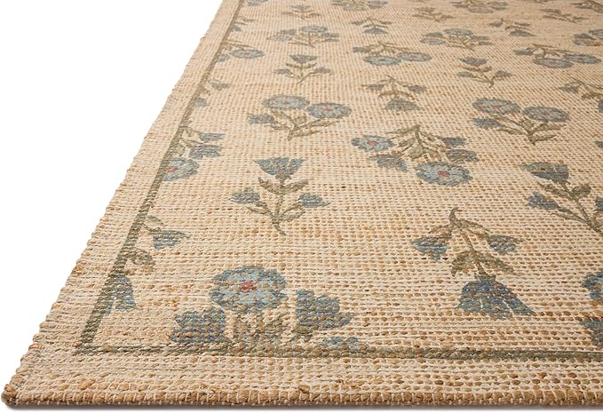 Loloi Chris Loves Julia Rue Collection RUE-04 Moss/Blue 3'-6" x 5'-6" Accent Rug Jute Neutral Floral Living Room Bedroom Rug