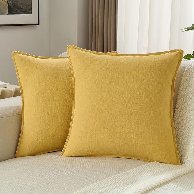 FUTEI Mustard Yellow Chenille Throw Pillow Covers 22x22 Inch Set of 2,Edges Double-Stitched Cushion Cases,Modern Home Decor for Couch Living Room