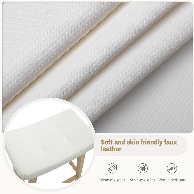 Counter Height Bar Stools Set of 3 for Kitchen Island Modern Barstools with Upholstered Faux Leather Backless Seat and Solid Wood Legs, 24 inch Farmhouse Bar Chairs, White
