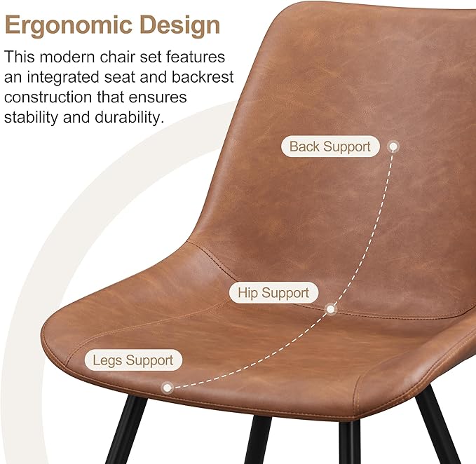 Yaheetech Dining Room Chairs Set of 4 Mid Century Modern Kitchen Chairs with Upholstered Faux Leather and Metal Legs for Dining Room, Living Room, Brown