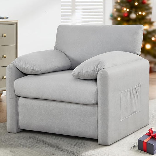 Oversized Accent Chair Mid-Century Modern Armchair for Living Room,USB and Type-C Ports,Comfy Reading Chairs for Bedroom with Side Pockets,Extra-Wide Single Sofa Chair (LightGrey, Set of 1)