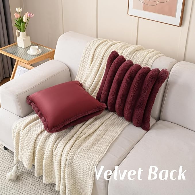 FUTEI Christmas Burgundy Decorative Throw Pillow Covers 16x16 Inch Set of 2, Square Soft Faux Rabbit Fur Thick Striped Cushion Cover,Winter Home Decor for Couch Bed Living Room